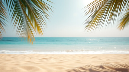 Fototapeta premium Serene Tropical Beach Scene with Palm Fronds and Soft Sand