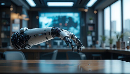 Sophisticated robotic arm extends over a sleek table in a modern office setting. The arm's intricate design and the background's technological elements suggest a futuristic concept.