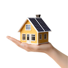 Hand holding an energy efficient model house with solar panels, ecology and sustainability concept On white background. Ai Generated Images