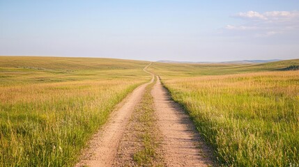 Single-lane dirt track stretching through vast grassy landscapes on white