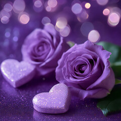 Purple roses and purple hearts on purple background with bokeh lights, love wallpaper, purple flowers, purple valentine's day design, purple rose background 