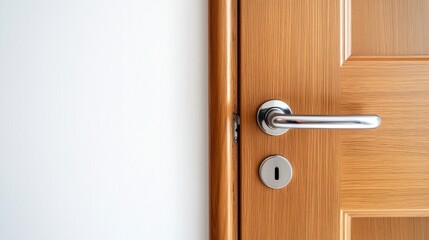 Obraz premium Sleek wooden door with chrome handle and minimalist panels, slightly open on white background.