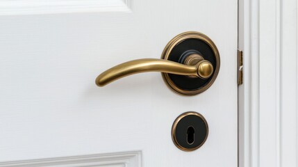 Obraz premium Slim, curved brass door handle with a modern keyhole design, on white