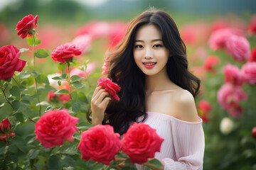 Naklejka premium a beautiful girl in flowers and green area