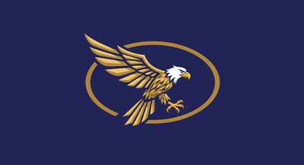 Eagle in flight with golden wings and white head on dark blue background vector illustration 