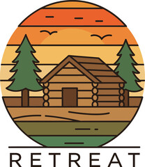 Fototapeta premium Rustic log cabin retreat with pine trees and sunset background nature landscape vector illustration 