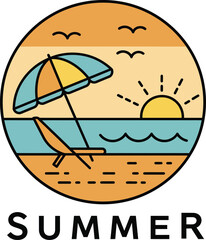 Fototapeta premium Summer beach scene with umbrella chair and sunset over ocean waves in warm orange and blue colors vector illustration 