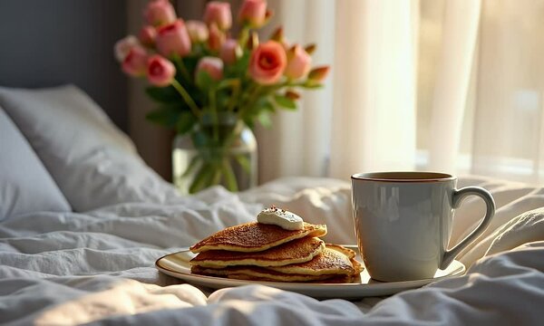 A cozy breakfast scene featuring fluffy pancakes with butter and a steaming cup of coffee on a soft bed, surrounded by flowers