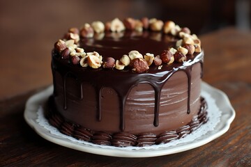 Lush chocolate cake topped hazelnut ganache  
