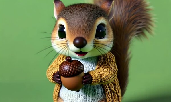 Green screen video showing a chibi squirrel wearing a cozy fall sweater while gently holding a tiny acorn with care
