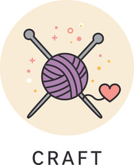 Knitting craft hobby icon with purple yarn ball and crossed needles in beige circle background vector illustration