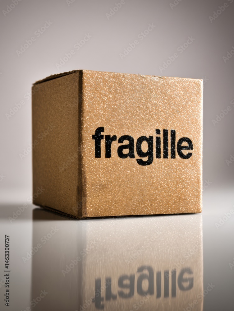 Poster Cardboard Box Marked Fragile on a Minimalistic Background Representing Care in Shipping and Handling Generative AI