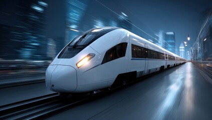 Naklejka premium High-Speed Rail Train Journeys Through Cityscapes at Night, Modern Transportation Technology Advances Rapidly