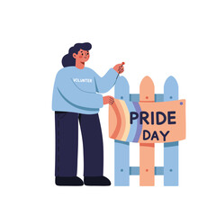 Volunteer person placing rainbow sign on fence for Pride Day celebration and LGBTQ support event vector illustration 