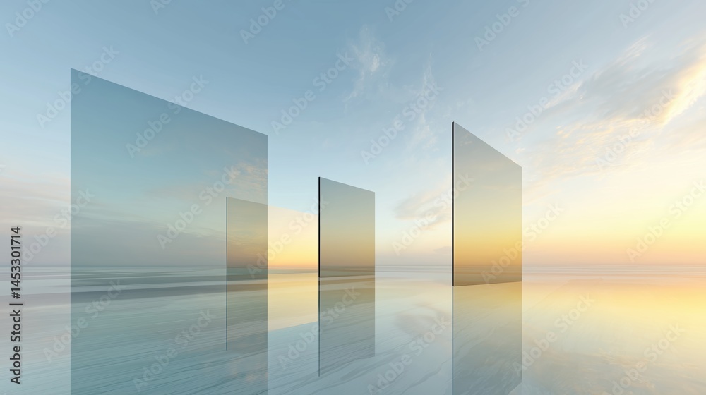 Poster abstract minimalist cityscape with three glass skyscrapers reflecting sunset over calm water, clean 