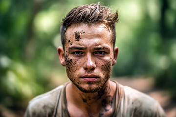 Fototapeta premium young man in the wilderness, dirty face, lost in nature or survivor after got lost while hiking or after plane crash site