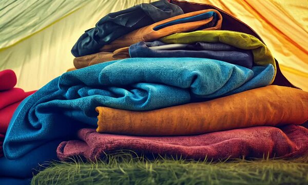 A vibrant stack of colorful blankets arranged neatly inside a tent, with soft grass visible below and warm light filtering through