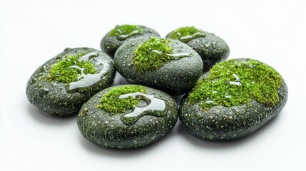 Smooth mossy pebbles with water droplets and natural textures on white background.