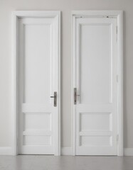 Sleek white wooden doors; open & closed states shown , open, set
