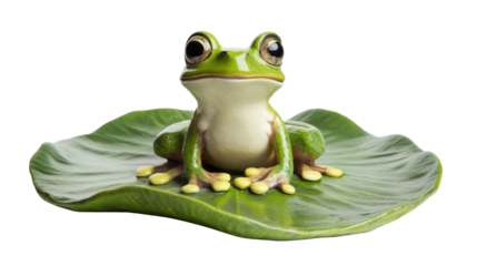 cheerful cartoon frog perching on lily on white background