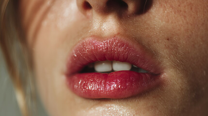 Naklejka premium Close-Up of Glossy Lips Makeup: Vibrant, Healthy Beauty with Natural Shine