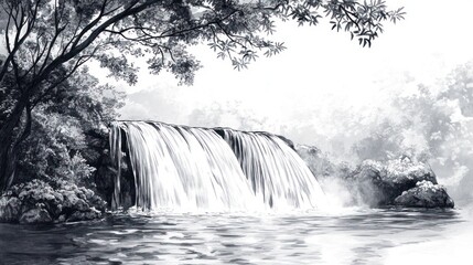 Misty Waterfall in Forest Landscape