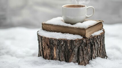 Snow-covered tree stump with an old book and steaming mug of cocoa on top, on white