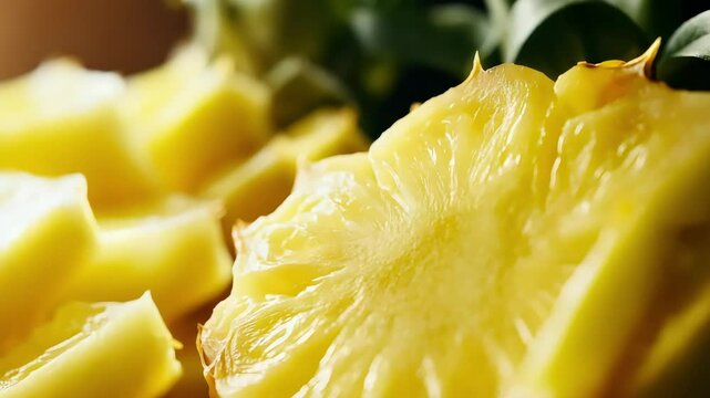 Juicy pineapple chunks on wooden board