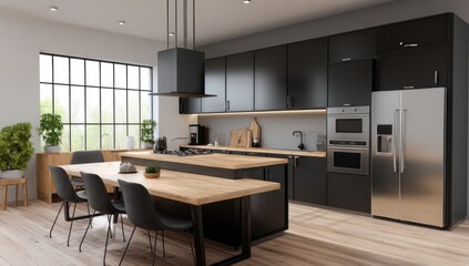 Obraz premium Visualize Modern Kitchen Space, Design, Cabinetry, Appliance, and Island Featuring Minimalist Design Details.