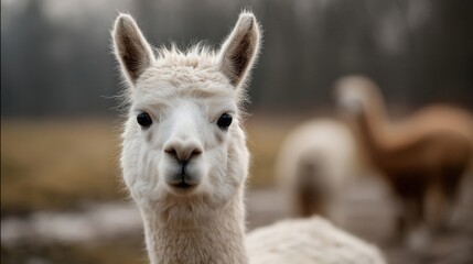 A close-up of an alpaca gazing towards the camera.