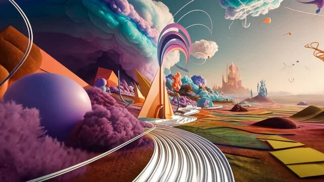 Surreal Dreamscape: Colorful Clouds & Geometric Fantasy Architecture