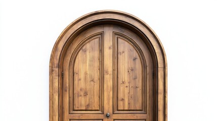 Fototapeta premium Solid oak wooden door with rounded arch and classic frame, half-open on white background.
