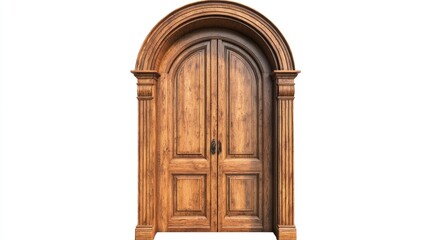 Solid oak wooden door with rounded arch and classic frame, half-open on white background.