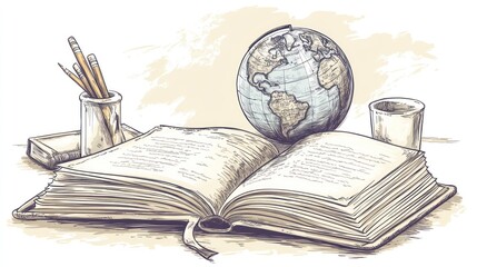 Open book, globe, pencils, still life, desk, study, vintage illustration, educational resource