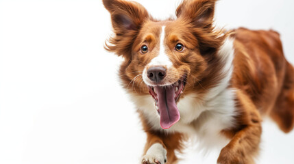 Border Collie Joyfully Leaping With Tongue out in a Minimalist White Backdrop