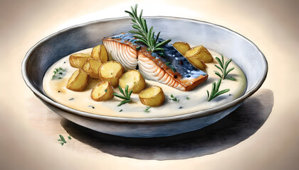 A vintage-style illustration of salmon and potatoes in a creamy sauce with rosemary, a delicious meal