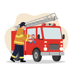 Firefighter placing awareness ribbon on red fire truck illustrating safety and support in emergency services vector 