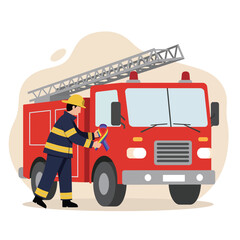 Firefighter applying awareness ribbon on red fire truck vector illustration for safety and support campaigns 