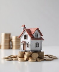 Cute miniature house rests on a stack of shiny coins on white backdrop ,  loan,  credit