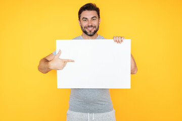 Man holds sign with copy space. Placard ready for copy space product. Sign to your copy space text....