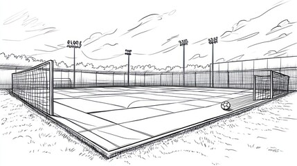 Fototapeta premium Outdoor soccer field sketch, drawing, background, possible use for education, design or art