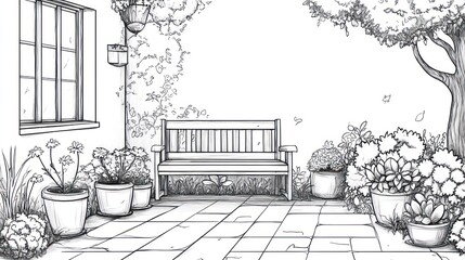 Fototapeta premium Outdoor garden bench sketch, patio, flowers, trees, tranquility, illustration, peaceful scene, possible use for website background or print