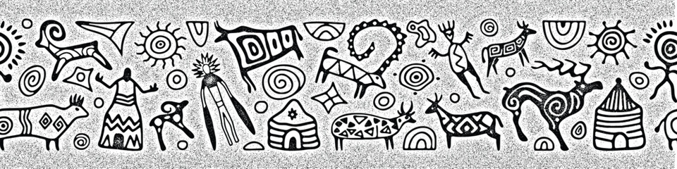 Seamless petroglyph border, rock paintings, vector design