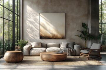 Modern, minimalist living room interior design with natural light.