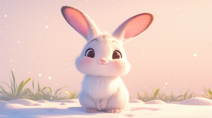 Fototapeta premium Adorable white rabbit sits in a field with grass, illuminated by soft light