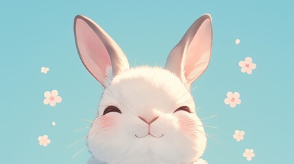 Obraz premium Adorable white rabbit with rosy cheeks and cute smile under a pastel blue sky