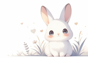 Obraz premium Adorable white rabbit with soft fur and blue eyes sitting in a grassy field
