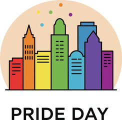 Obraz premium Pride Day colorful city skyline with rainbow buildings and festive confetti vector illustration 