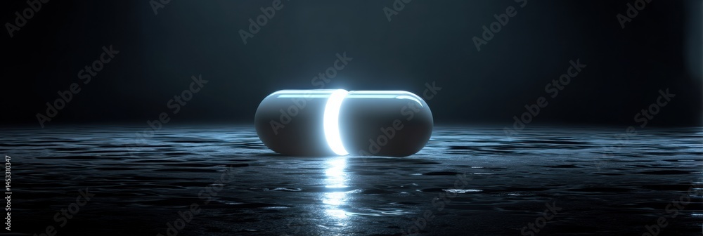 Poster Glowing Pill Illuminated in a Dark Sterile Environment Enhances the Futuristic Atmosphere of the Setting Generative AI