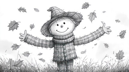 Scarecrow enjoying autumn leaves, whimsical illustration, lighthearted scene, children's book
